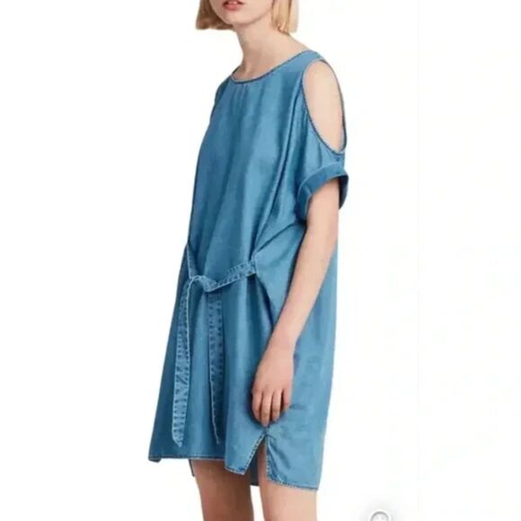 ALLSAINTS Blue Remi Chambray Tie Up Cold Shoulder Mini Dress  Women's Size Small - Picture 1 of 13